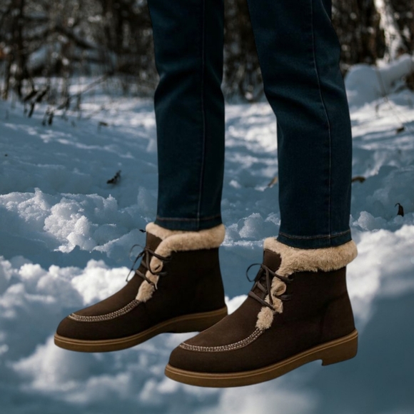 Vintage 60s Sherpa and Brown suede warm winter lace up booties.  Size 7 - Picture 7 of 8